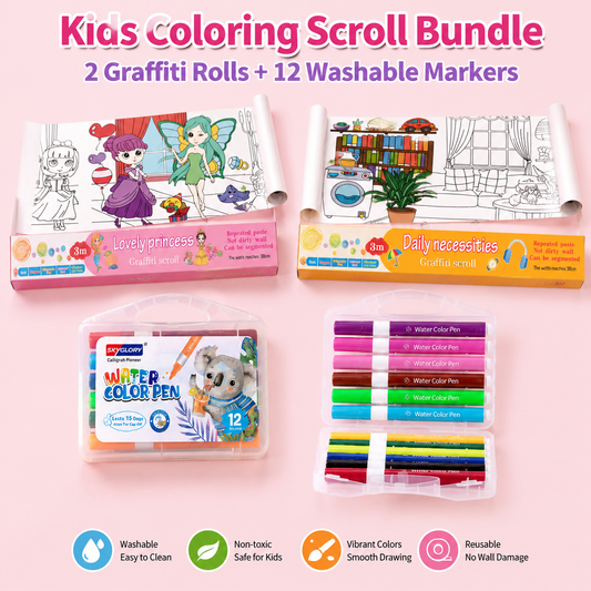 2PCS Kids 3M Giant Coloring Rolls and 12 Colors Washable Soft Tip Markers Set – Lovely Princess + Daily Necessity Theme, Repositionable & Croppable Extra-Long Coloring Paper, DIY Drawing & Craft Activity Kit