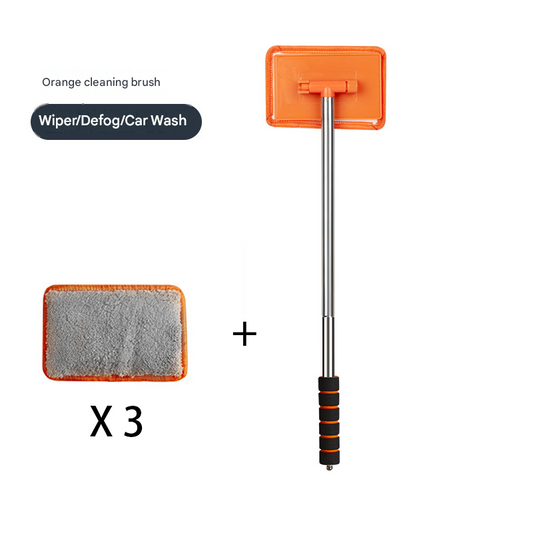 Orange Telescopic Car Windshield Cleaning Brush with 3 Replacement Microfiber- Aluminium Alloy Extendable Handle, 180° Rotatable Microfibre Head, Anti-Fog & Streak-Free Glass Wiper for Car & Home Use, Soft Grip Foam Handle