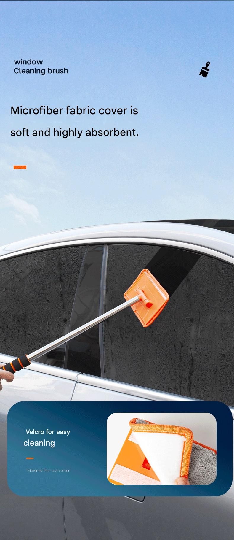 Orange Telescopic Car Windshield Cleaning Brush with 3 Replacement Microfiber- Aluminium Alloy Extendable Handle, 180° Rotatable Microfibre Head, Anti-Fog & Streak-Free Glass Wiper for Car & Home Use, Soft Grip Foam Handle