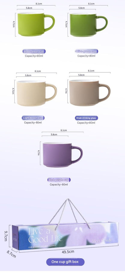 5-piece "Colorful One-Shot Mug" Ceramic Mug Set – Nordic color scheme, smooth handle, rounded rim, exquisite gift box – 80ml mini mugs, suitable for coffee, tea, espresso, and as a perfect gift.