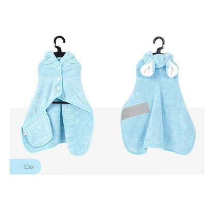Blue XL size Pet Drying Robe with Hood - Quick Dry Coral Fleece Towel for Dogs and Cats, Super Absorbent Bathrobe with Cute Rabbit Ears, Adjustable Fit for All Sizes, Easy to Wear and Machine Washable