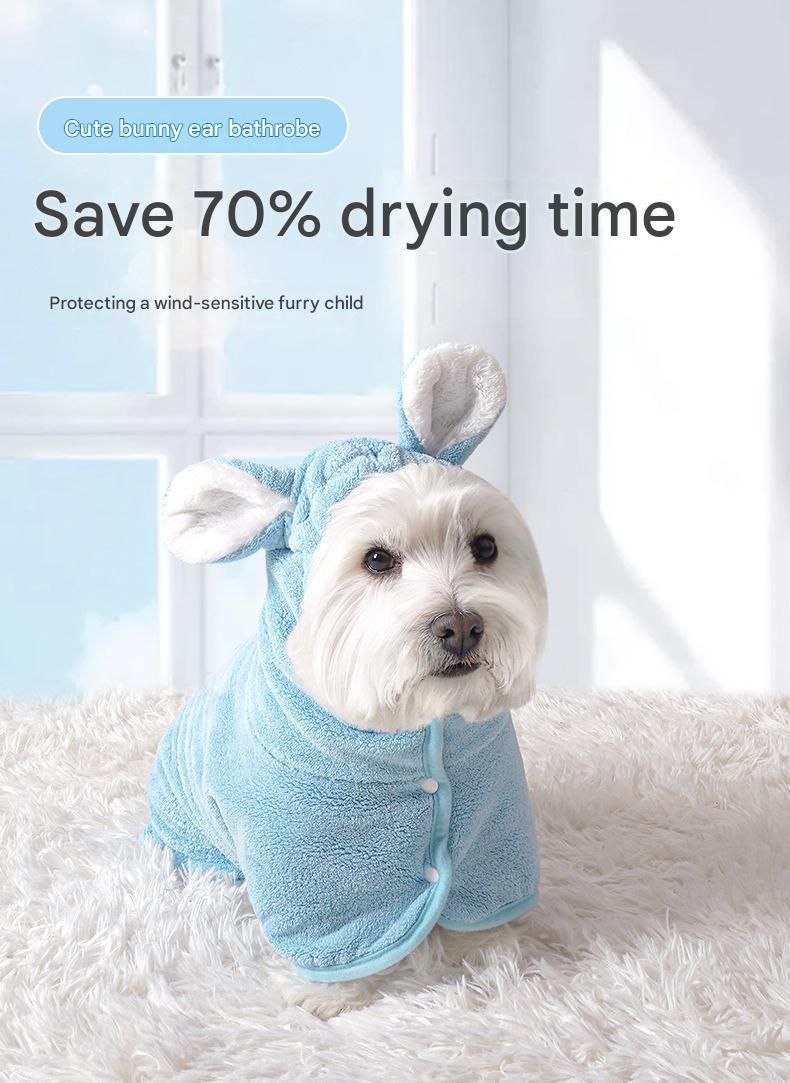 Blue XL size Pet Drying Robe with Hood - Quick Dry Coral Fleece Towel for Dogs and Cats, Super Absorbent Bathrobe with Cute Rabbit Ears, Adjustable Fit for All Sizes, Easy to Wear and Machine Washable