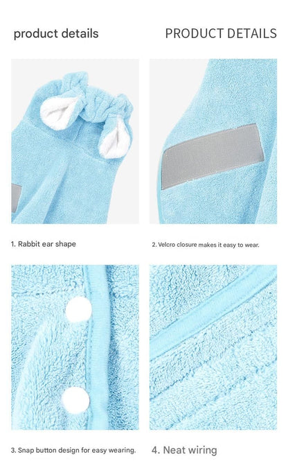 Blue XL size Pet Drying Robe with Hood - Quick Dry Coral Fleece Towel for Dogs and Cats, Super Absorbent Bathrobe with Cute Rabbit Ears, Adjustable Fit for All Sizes, Easy to Wear and Machine Washable