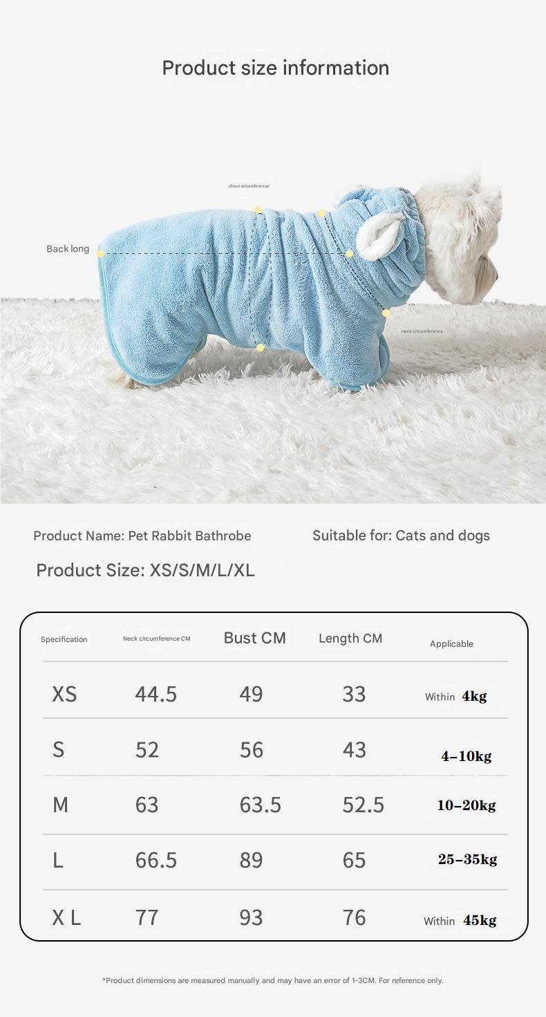 Blue XL size Pet Drying Robe with Hood - Quick Dry Coral Fleece Towel for Dogs and Cats, Super Absorbent Bathrobe with Cute Rabbit Ears, Adjustable Fit for All Sizes, Easy to Wear and Machine Washable