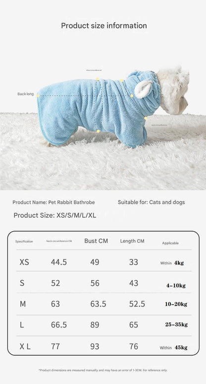 Blue XL size Pet Drying Robe with Hood - Quick Dry Coral Fleece Towel for Dogs and Cats, Super Absorbent Bathrobe with Cute Rabbit Ears, Adjustable Fit for All Sizes, Easy to Wear and Machine Washable