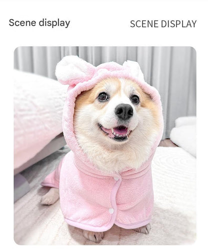 Blue XL size Pet Drying Robe with Hood - Quick Dry Coral Fleece Towel for Dogs and Cats, Super Absorbent Bathrobe with Cute Rabbit Ears, Adjustable Fit for All Sizes, Easy to Wear and Machine Washable