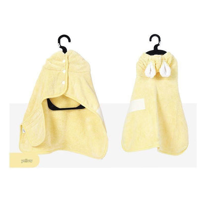 Yellow L size Pet Drying Robe with Hood - Quick Dry Coral Fleece Towel for Dogs and Cats, Super Absorbent Bathrobe with Cute Rabbit Ears, Adjustable Fit for All Sizes, Easy to Wear and Machine Washable