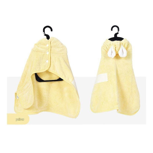 Yellow L size Pet Drying Robe with Hood - Quick Dry Coral Fleece Towel for Dogs and Cats, Super Absorbent Bathrobe with Cute Rabbit Ears, Adjustable Fit for All Sizes, Easy to Wear and Machine Washable