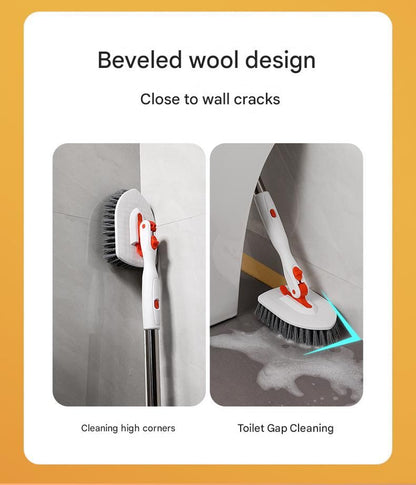 5-piece(Three-section pole+stiff brush+ base plate+fiber cloth+scouring pad) Long Handle Bathroom Floor Scrub Brush  - 180° Rotating Angle, Stainless Steel Pole, Corner Cleaning Design for Tiles, Grout, Bathtub, Shower - Heavy Duty Cleaning Tool
