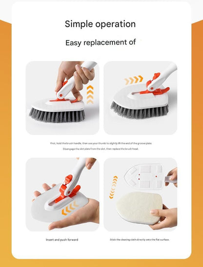 6-piece(Three-section pole+stiff brush+base plate+microfiber cloth + scouring pad+ squeegee) Long Handle Bathroom Floor Scrub Brush  - 180° Rotating Angle, Stainless Steel Pole, Corner Cleaning Design for Tiles, Grout, Bathtub, Shower - Heavy Duty Cleanin