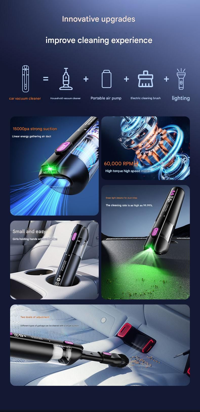 Black Cordless Handheld Vacuum Cleaner - High Suction Portable Car Vacuum with Green Light Dust Display, 100ml Capacity, Type-C Rechargeable for Car Home Pet Use, Compact Design with 4 Nozzle Set