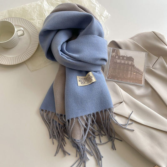 Blue and Grey Double-Sided Reversible Imitation Cashmere Scarf for Women - Soft Warm Winter Neck Wrap with Classic Boho Tassel Edge, Solid Color Design for Versatile Styling - Cozy Everyday Accessory for Travel, Work & Casual Wear