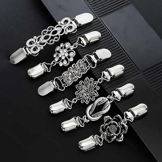 6 pcs Silvery Vintage Sweater Shawl Clip Brooch - Decorative Cardigan Collar Fastener with Rhinestone and Floral Design, Retro Alloy Cape Clasp for Scarves, Shawls and Knitwear