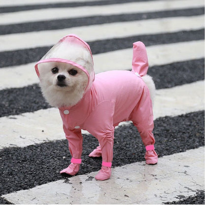 Pink L size Full Coverage Pet Raincoat Jumpsuit Waterproof Dog Rain Suit with Attached Shoes and Tail Cover-Lightweight Hooded Dog Poncho for Small Dogs