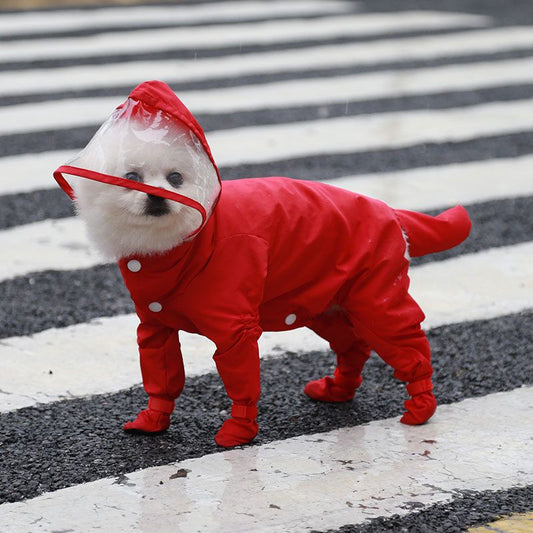 Red S size Full Coverage Pet Raincoat Jumpsuit Waterproof Dog Rain Suit with Attached Shoes and Tail Cover-Lightweight Hooded Dog Poncho for Small Dogs