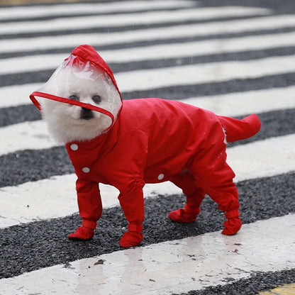Red L size Full Coverage Pet Raincoat Jumpsuit Waterproof Dog Rain Suit with Attached Shoes and Tail Cover-Lightweight Hooded Dog Poncho for Small Dogs