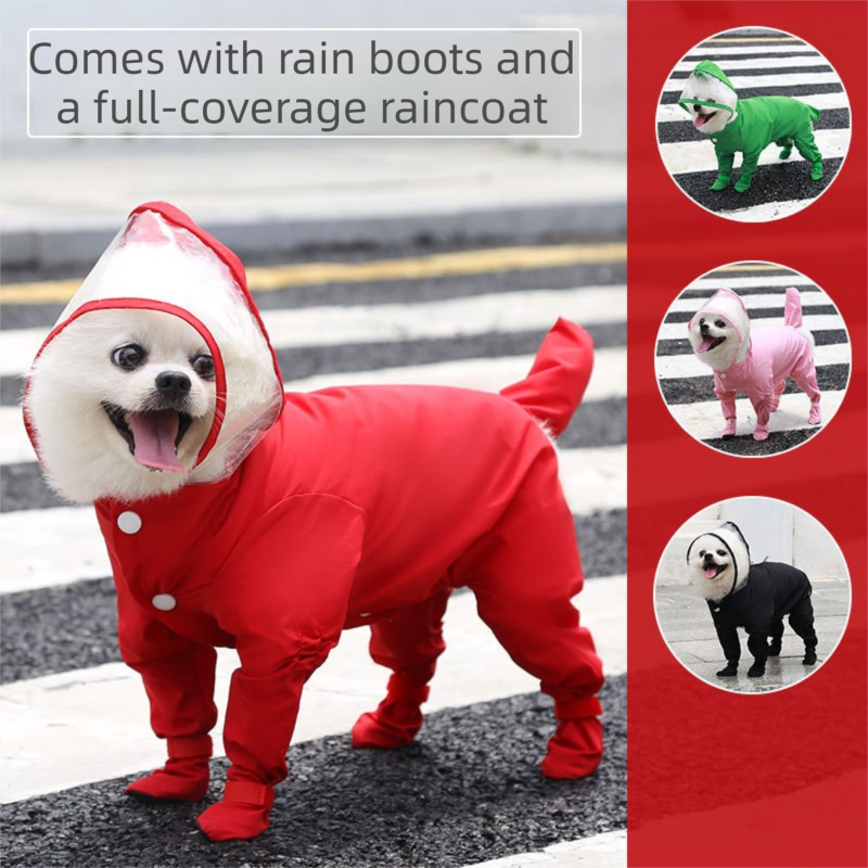 Red L size Full Coverage Pet Raincoat Jumpsuit Waterproof Dog Rain Suit with Attached Shoes and Tail Cover-Lightweight Hooded Dog Poncho for Small Dogs