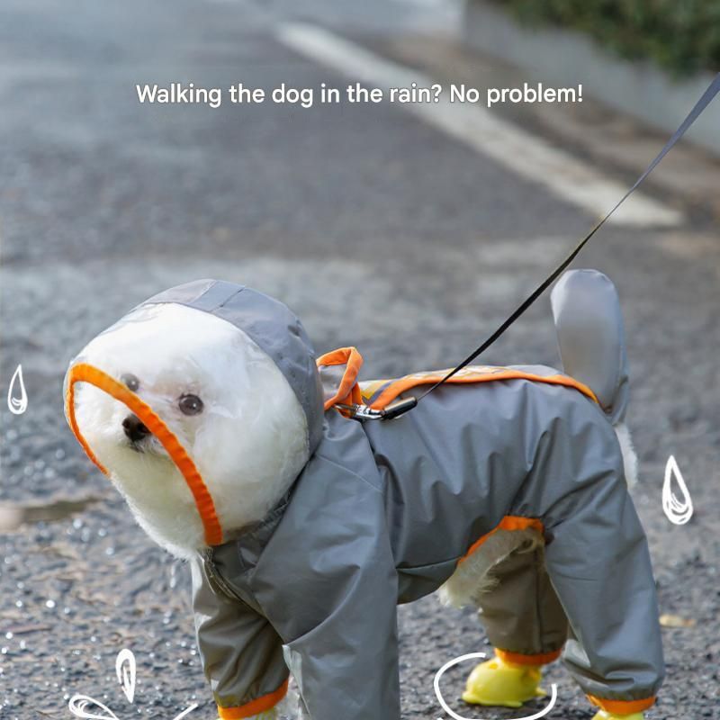 Grey and Orange XS size Dog Raincoat with Leash Access and Transparent Hood - Waterproof Full Body Pet Rain Suit for Small and Medium Dogs, Reflective Trim, Removable Tail Cover, Outdoor Walking Apparel