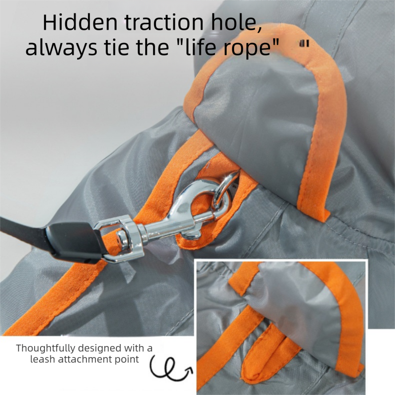 Grey and Orange XS size Dog Raincoat with Leash Access and Transparent Hood - Waterproof Full Body Pet Rain Suit for Small and Medium Dogs, Reflective Trim, Removable Tail Cover, Outdoor Walking Apparel