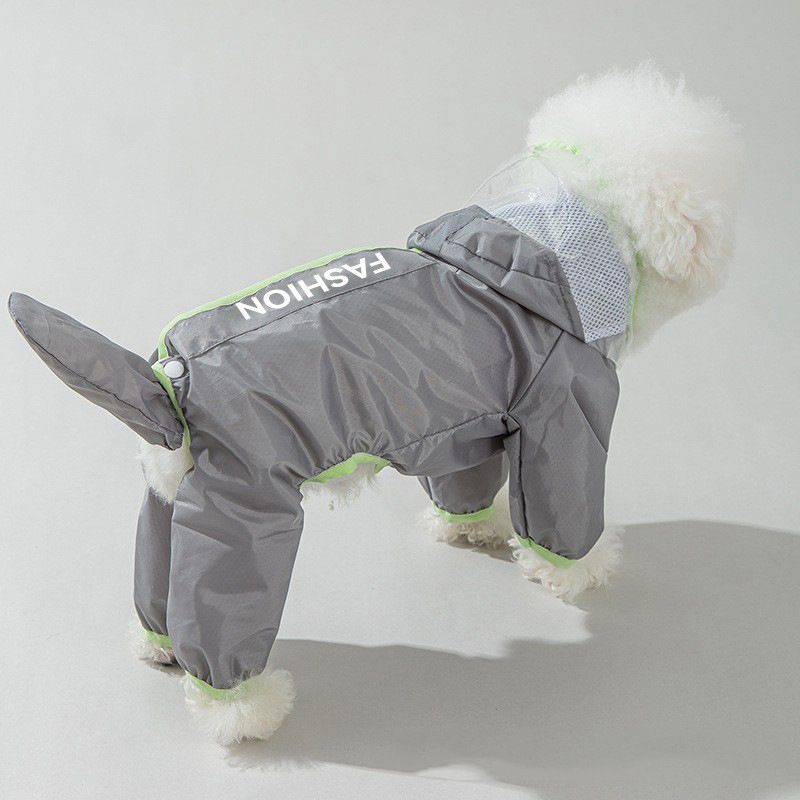 Grey and Green XS size Dog Raincoat with Leash Access and Transparent Hood - Waterproof Full Body Pet Rain Suit for Small and Medium Dogs, Reflective Trim, Removable Tail Cover, Outdoor Walking Apparel