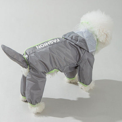 Grey and Green S size Dog Raincoat with Leash Access and Transparent Hood - Waterproof Full Body Pet Rain Suit for Small and Medium Dogs, Reflective Trim, Removable Tail Cover, Outdoor Walking Apparel