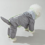 Grey and Green M size Dog Raincoat with Leash Access and Transparent Hood - Waterproof Full Body Pet Rain Suit for Small and Medium Dogs, Reflective Trim, Removable Tail Cover, Outdoor Walking Apparel