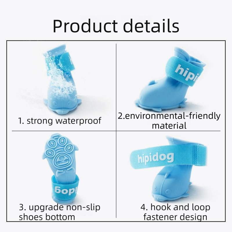 Blue M size Waterproof Dog Rain Boots Set of 4 - Cartoon Dolphin Design Shape PVC Pet Shoes with Adjustable Hook and Loop Straps, Anti Slip Paw Protectors for Small Dogs and Puppy Outdoor Walks