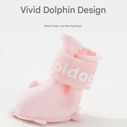 Pink L size Waterproof Dog Rain Boots Set of 4 - Cartoon Dolphin Design Shape PVC Pet Shoes with Adjustable Hook and Loop Straps, Anti Slip Paw Protectors for Small Dogs and Puppy Outdoor Walks