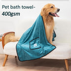 Blue-green 100*50cm icrofibre Pet Bath Towel with Hand Pockets - Super Absorbent Quick Dry Dog and Cat Drying Towel, Soft Grooming Blanket for Bathing, Cleaning and Everyday Pet Care