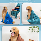 Blue-green 100*50cm icrofibre Pet Bath Towel with Hand Pockets - Super Absorbent Quick Dry Dog and Cat Drying Towel, Soft Grooming Blanket for Bathing, Cleaning and Everyday Pet Care