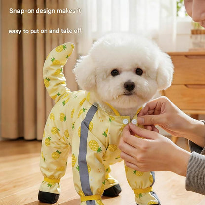 Yellow M size Pineapple Print Full-Cover Dog Raincoat with Transparent Hood, Waterproof Four-Leg Pet Rain Suit with Reflective Strips and Integrated Leash Ring for Small and Medium Dogs