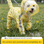 Yellow L size Pineapple Print Full-Cover Dog Raincoat with Transparent Hood, Waterproof Four-Leg Pet Rain Suit with Reflective Strips and Integrated Leash Ring for Small and Medium Dogs
