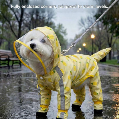 Yellow L size Pineapple Print Full-Cover Dog Raincoat with Transparent Hood, Waterproof Four-Leg Pet Rain Suit with Reflective Strips and Integrated Leash Ring for Small and Medium Dogs