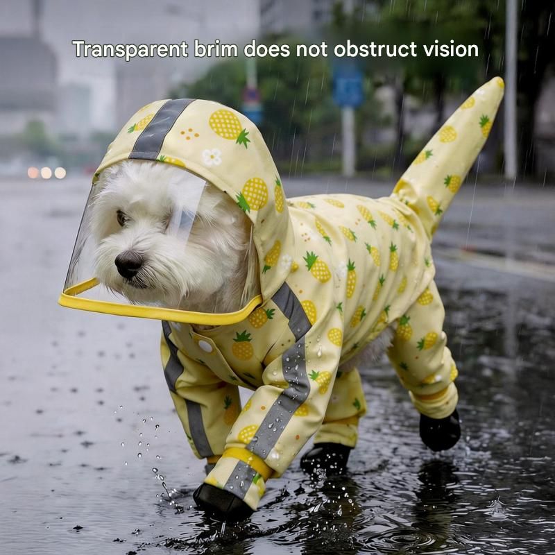 Yellow XL size Pineapple Print Full-Cover Dog Raincoat with Transparent Hood, Waterproof Four-Leg Pet Rain Suit with Reflective Strips and Integrated Leash Ring for Small and Medium Dogs
