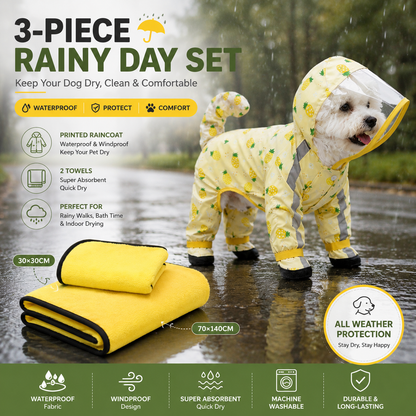 3-piece Dog Rainy Day Care Set with  Yellow L size Waterproof Raincoat, 30x30cm Paw Towel and 70x140cm Pet Bath Towel, Quick-Dry Pet Rain Protection Kit for Small and Medium Dogs