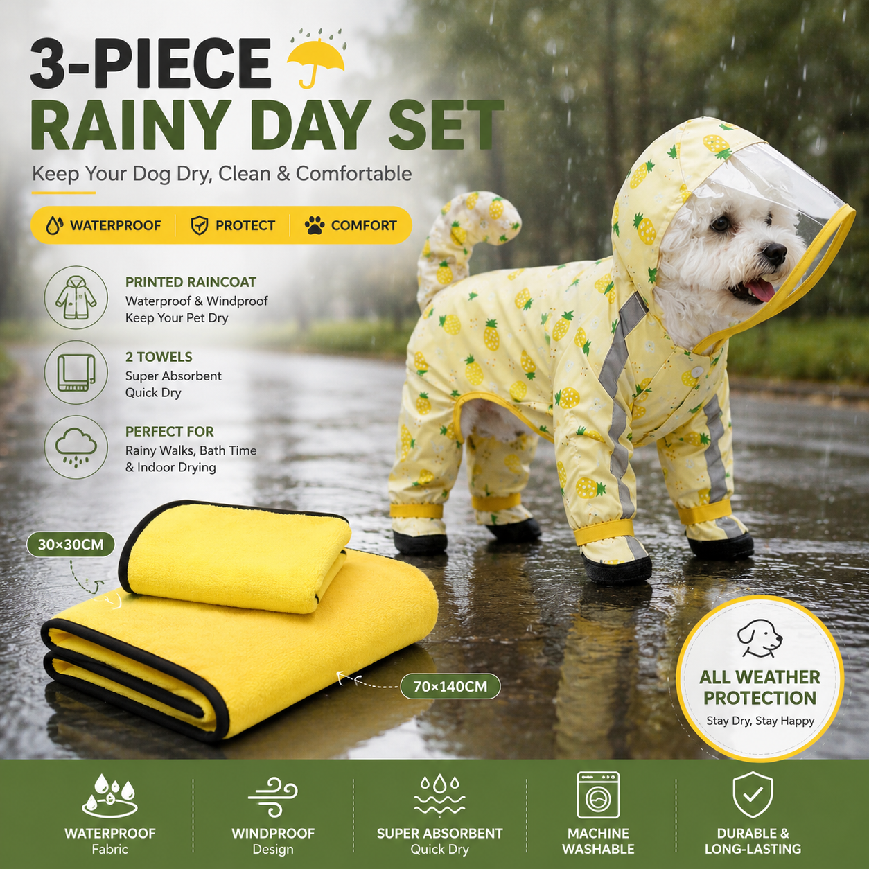 3-piece Dog Rainy Day Care Set with  Yellow XL size Waterproof Raincoat, 30x30cm Paw Towel and 70x140cm Pet Bath Towel, Quick-Dry Pet Rain Protection Kit for Small and Medium Dogs