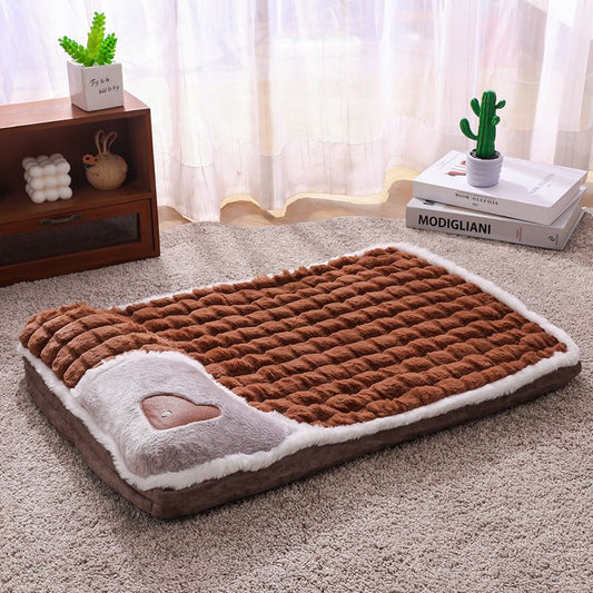 Brown L size Luxury Plush Pet Sleeping Mat, Thickened Warm Pet Bed Cushion for Dogs and Cats, Soft Fabric Pet Sofa Pad with Non-Slip Waterproof Base