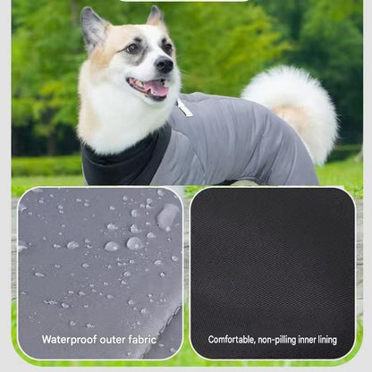 Grey S size Winter Dog Jumpsuit Coat – Waterproof Four-Leg Pet Jacket with Reflective Harness Clip, Windproof Warm Padded Puppy Snowsuit, Adjustable Polyester Dog Clothing for Small to Medium Dogs