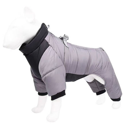 Grey L size Winter Dog Jumpsuit Coat – Waterproof Four-Leg Pet Jacket with Reflective Harness Clip, Windproof Warm Padded Puppy Snowsuit, Adjustable Polyester Dog Clothing for Small to Medium Dogs