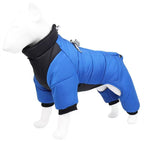 Blue S size Winter Dog Jumpsuit Coat – Waterproof Four-Leg Pet Jacket with Reflective Harness Clip, Windproof Warm Padded Puppy Snowsuit, Adjustable Polyester Dog Clothing for Small to Medium Dogs