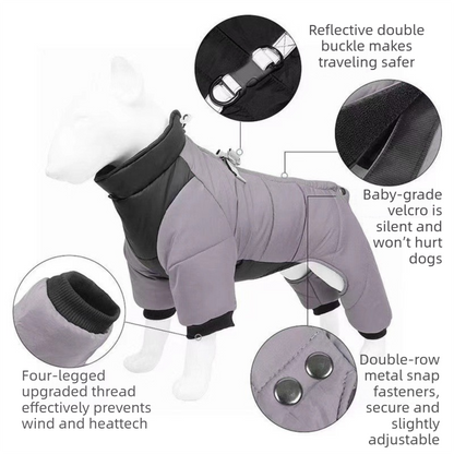 Blue S size Winter Dog Jumpsuit Coat – Waterproof Four-Leg Pet Jacket with Reflective Harness Clip, Windproof Warm Padded Puppy Snowsuit, Adjustable Polyester Dog Clothing for Small to Medium Dogs