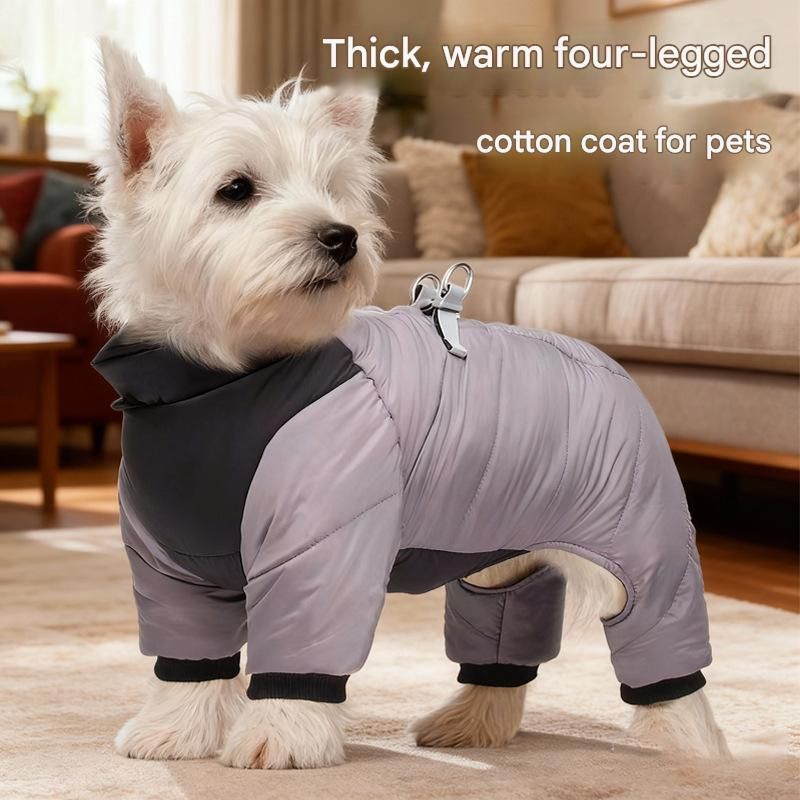 Orange S size Winter Dog Jumpsuit Coat – Waterproof Four-Leg Pet Jacket with Reflective Harness Clip, Windproof Warm Padded Puppy Snowsuit, Adjustable Polyester Dog Clothing for Small to Medium Dogs