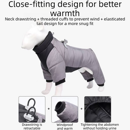 Yellow S size Winter Dog Jumpsuit Coat – Waterproof Four-Leg Pet Jacket with Reflective Harness Clip, Windproof Warm Padded Puppy Snowsuit, Adjustable Polyester Dog Clothing for Small to Medium Dogs