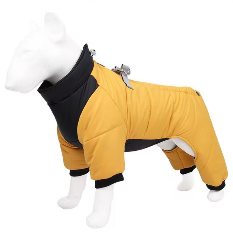 Yellow L size Winter Dog Jumpsuit Coat – Waterproof Four-Leg Pet Jacket with Reflective Harness Clip, Windproof Warm Padded Puppy Snowsuit, Adjustable Polyester Dog Clothing for Small to Medium Dogs