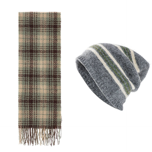 Striped Wool-Blend Beanie & Plaid Fringed Scarf Set — Soft Knit Hat (36 x 26 cm) and Oversized Shawl (200 x 65 cm); A Must-Have for Christmas and Cold Weather