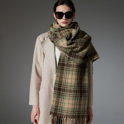 Striped Wool-Blend Beanie & Plaid Fringed Scarf Set — Soft Knit Hat (36 x 26 cm) and Oversized Shawl (200 x 65 cm); A Must-Have for Christmas and Cold Weather
