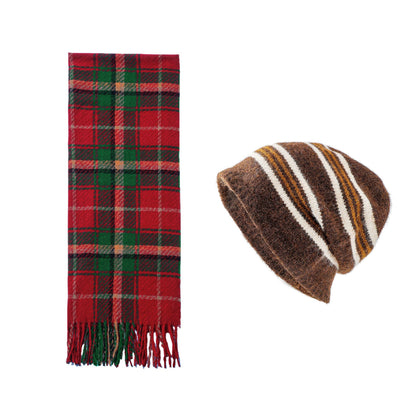 Brown + Red Striped Wool-Blend Beanie & Plaid Fringed Scarf Set — Soft Knit Hat (36 x 26 cm) and Oversized Shawl (200 x 65 cm); A Must-Have for Christmas and Cold Weather