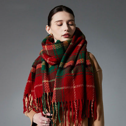 Brown + Red Striped Wool-Blend Beanie & Plaid Fringed Scarf Set — Soft Knit Hat (36 x 26 cm) and Oversized Shawl (200 x 65 cm); A Must-Have for Christmas and Cold Weather