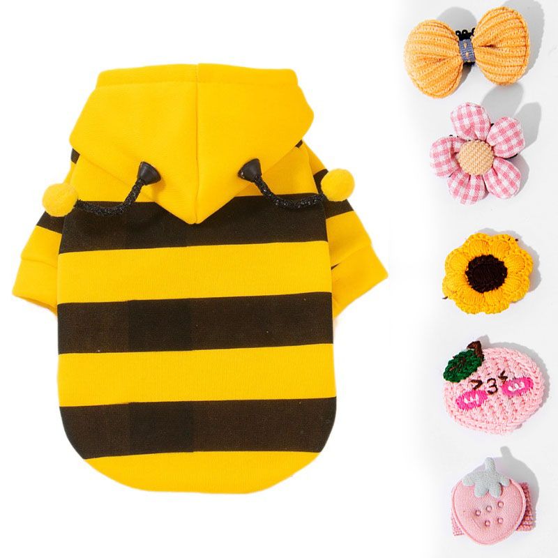Size L Bee Fleece Hoodie Jumper for Small Dogs & Cats with 5 Hair Clips - Winter Warm Pet Apparel Australia