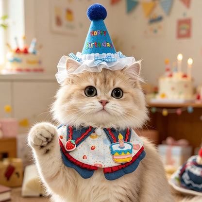 Size S Blue Pet Birthday Party Supplies Strawberry Cake Bib and Hat Set Cat Dog Costume Photo Shoot Outfit